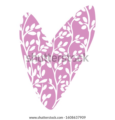 Lavender heart with white floral ornament. Branches with leaves intertwined. Simple elegant design for spring and summer wedding decoration, decor for the theme of love, tenderness, happiness, passion