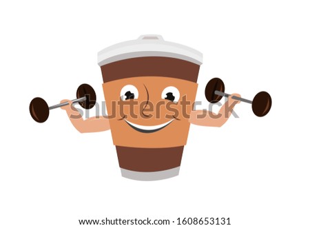 A humanoid cup carries a dumb bell made of coffee beans. Healthy drink benefits concept. Editable Clip Art.