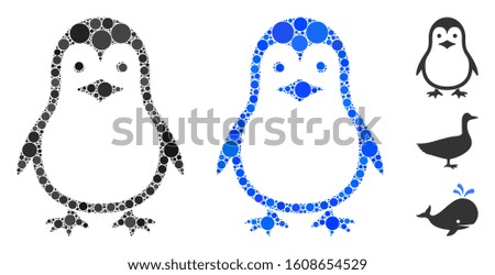 Penguin composition of small circles in different sizes and color tones, based on penguin icon. Vector small circles are composed into blue composition. Dotted penguin icon in usual and blue versions.