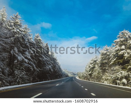 Snowy road to mountains. January, 2020