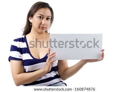 young female holding a blank sign for copyspace