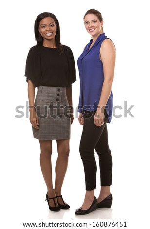 two women wearing office outfits on white isolated background