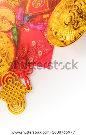 Assorted chinese new year decorations on white background, Chinese character"FU" mean good luck fortune and blessing