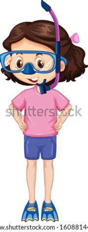 Girl with snorkel and fins on isolated background illustration