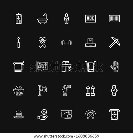 Editable 25 hand icons for web and mobile. Set of hand included icons line Atm, Axes, Touch screen, Hand, Profiterole, Wristwatch, Salt, Pen, Industrial robot on black background