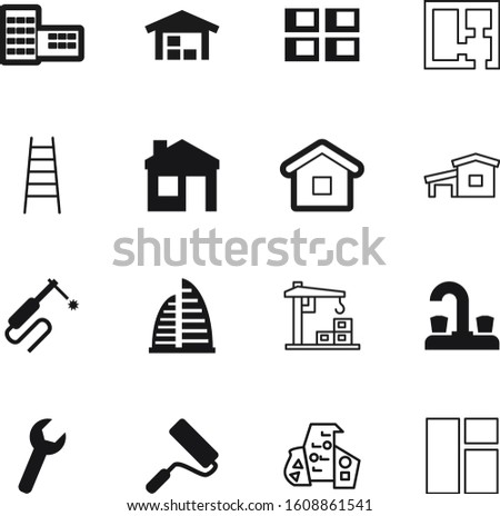 construction vector icon set such as: decorative, cottage, platen, engineering, bolt, support, energy, technology, improvement, blueprint, machinery, image, hangar, step, bathtub, front, torch