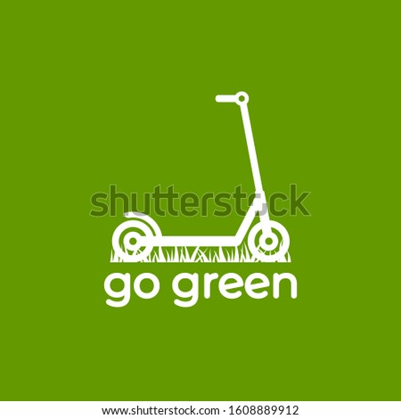 Green kick push scooter or balance bike with grass icon. Flat logo isolated on white. Vector illustration. Eco transport symbol. Healthy journey. Ecology. Go green.  Car free day logo.