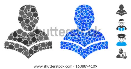 Student mosaic of filled circles in variable sizes and color tones, based on student icon. Vector filled circles are combined into blue mosaic. Dotted student icon in usual and blue versions.