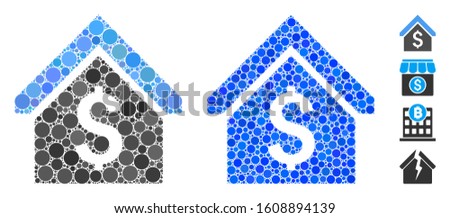 Loan mortgage mosaic of round dots in various sizes and color hues, based on loan mortgage icon. Vector round dots are combined into blue composition.