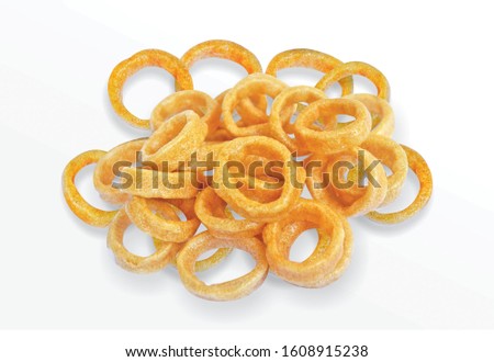 Spicy Corn Rings Snack, Fryum Onion Rings, Pile of crispy Corn ring, Cream & Onion snack, mini ring (Fryums - Frymus) isolated on white background, Sweet brekfast cereal rings - Image Royalty-Free Stock Photo #1608915238