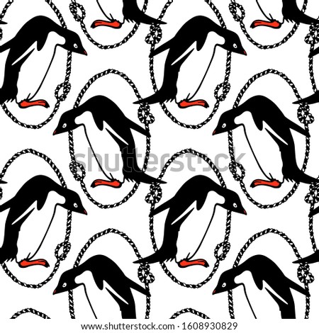 Vector seamless pattern with hand drawn penguin in rope wreath. Ink drawing, beautiful animal and nautical design elements.