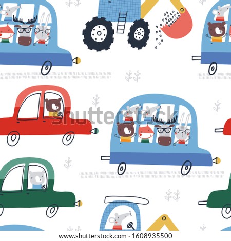 Seamless vector pattern with cute cars and buses for fabric, wrapping, textile, wallpaper, apparel design. Vector illustration background. 