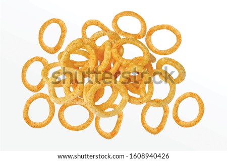 Spicy Corn Rings Snack, Fryum Onion Rings, Pile of crispy Corn ring, Cream & Onion snack, mini ring (Fryums - Frymus) isolated on white background, Sweet brekfast cereal rings - Image Royalty-Free Stock Photo #1608940426