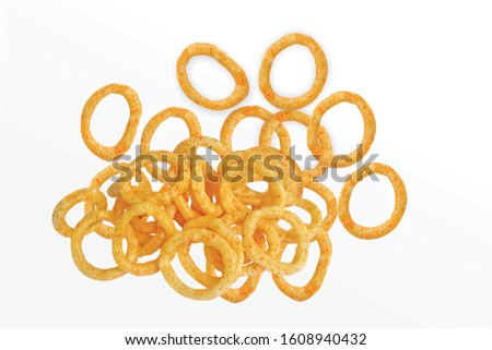 Spicy Corn Rings Snack, Fryum Onion Rings, Pile of crispy Corn ring, Cream & Onion snack, mini ring (Fryums - Frymus) isolated on white background, Sweet brekfast cereal rings - Image