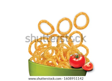 Spicy Corn Rings Snack, Fryum Onion Rings, Pile of crispy Corn ring, Cream & Onion snack, mini ring (Fryums - Frymus) isolated on white background, Sweet brekfast cereal rings - Image Royalty-Free Stock Photo #1608951142