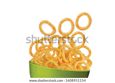 Spicy Corn Rings Snack, Fryum Onion Rings, Pile of crispy Corn ring, Cream & Onion snack, mini ring (Fryums - Frymus) isolated on white background, Sweet brekfast cereal rings - Image Royalty-Free Stock Photo #1608951154