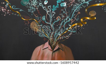 Idea of imagination concept, surreal scene a man with colorful abstract head, fantasy artwork, freedom