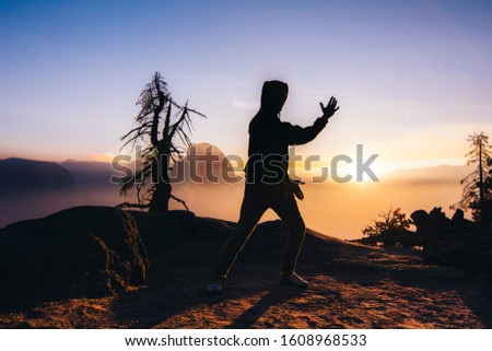 Man doing yoga breathing exercise chi outdoor nature national park hippie purple blue sky orange sunrise silhouette view