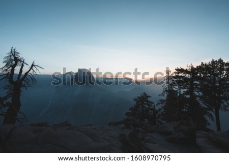 Yosemite national park blue sky purple sky sunset sunrise blue hour half dome view dry tree outdoor