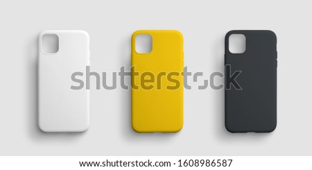 Plastic cover template for smartphone on a white background for presentation design. Mockup case for a cell for advertising in an online store. Set of 3 colored containers for a mobile phone. Royalty-Free Stock Photo #1608986587