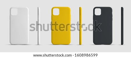 Mockup case for a mobile phone for advertising in an online store. Smartphone cover template for presentation design. Set of white, yellow and black container Royalty-Free Stock Photo #1608986599