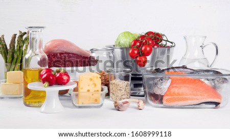 Healthy low carbs products. Atkins  or keto diet concept. Front view Royalty-Free Stock Photo #1608999118