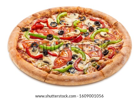 Delicious vegetarian pizza with champignon mushrooms, tomatoes, mozzarella, peppers and black olives, isolated on white background Royalty-Free Stock Photo #1609001056