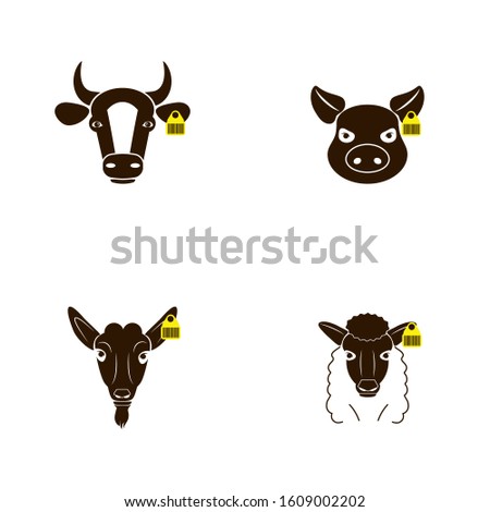 Farm animals set. Cow, pig, sheep, horse, goat head  face icons with chip, barcode. Vector illustration isolated on a white background
