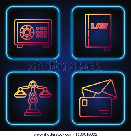 Set line Envelope, Scales of justice, Safe and Law book. Gradient color icons. Vector