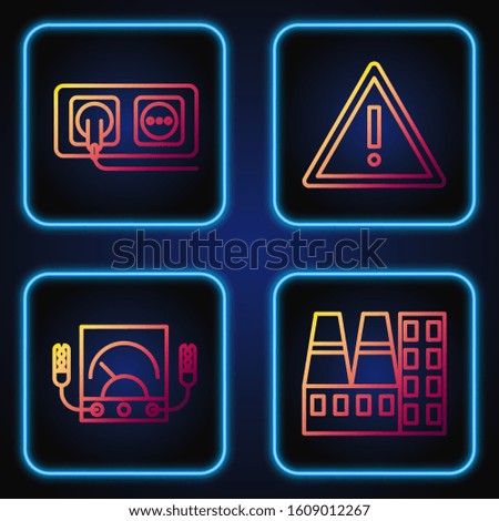 Set line Power station plant and factory, Ampere meter, multimeter, voltmeter, Electrical outlet and Exclamation mark in triangle. Gradient color icons. Vector