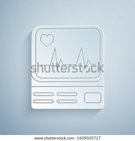 Paper cut Computer monitor with cardiogram icon isolated on grey background. Monitoring icon. ECG monitor with heart beat hand drawn. Paper art style. Vector Illustration