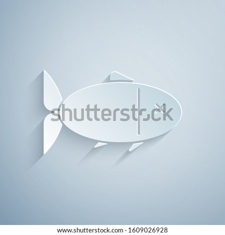 Paper cut Fish icon isolated on grey background. Paper art style. Vector Illustration