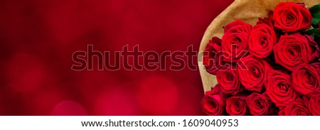 Beautiful Panoramic background with red roses. Bouquet of fresh flowers roses close up on red holiday background. Wide Angle flowers bright Wallpaper, billboard or Web banner With Copy Space