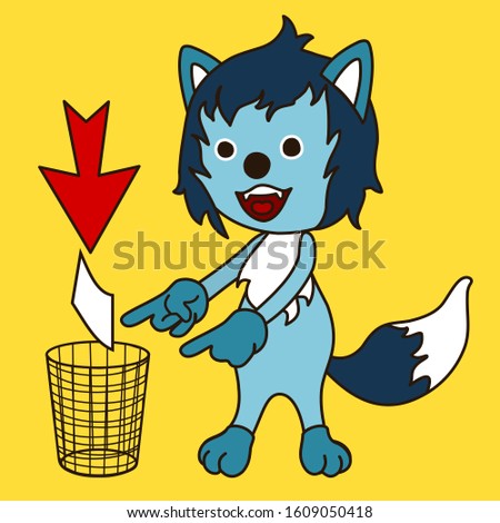 Emoticon with a cool wolf with blue wool that points with an index finger to the urn where it is necessary to throw garbage, vector clip art