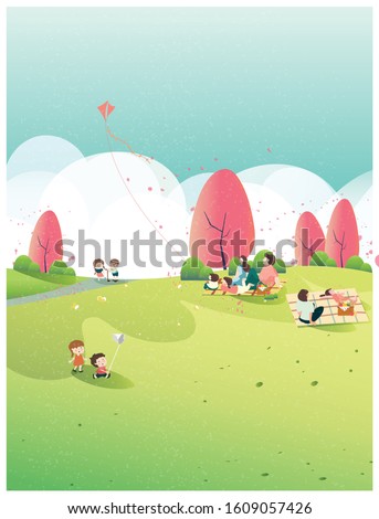 People relaxing in nature in spring or summer time at the park.Poster of spring .Family outing to the park or picnic.Kid play kite,butterfly and apple flower blossom.People in spring or summer concept Royalty-Free Stock Photo #1609057426