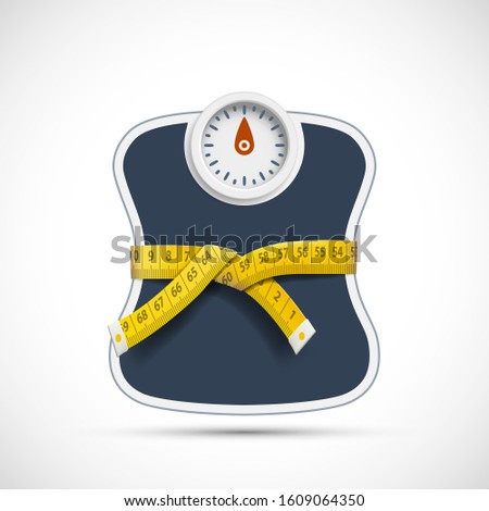 Weighing scales with measuring tape. Weight loss concept. Vector illustration. Royalty-Free Stock Photo #1609064350