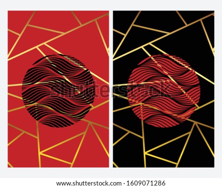 Abstract Flyer, Red and Black background with round foliage pattern and gold geometric triangle stroke.