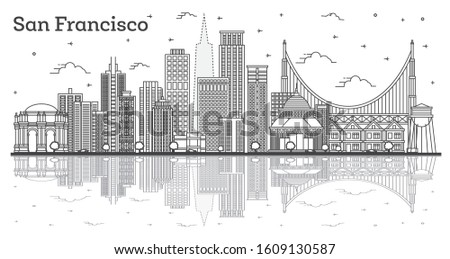 Outline San Francisco California City Skyline with Modern Buildings and Reflections Isolated on White. Vector Illustration. San Francisco USA Cityscape with Landmarks. 
