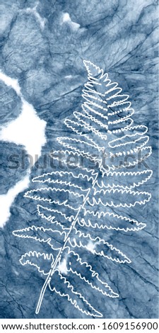 Vector fern leaves on abstract indigo tie dye background. Hand drawn plants  on blue decorative texture. Clipping mask is used for further easy editing.