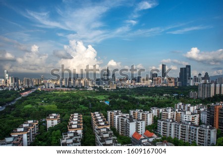 Scenery of Shenzhen City, Guangdong Province, China under a blue sky and white clouds