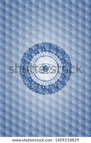 eye icon inside blue badge with geometric pattern background.