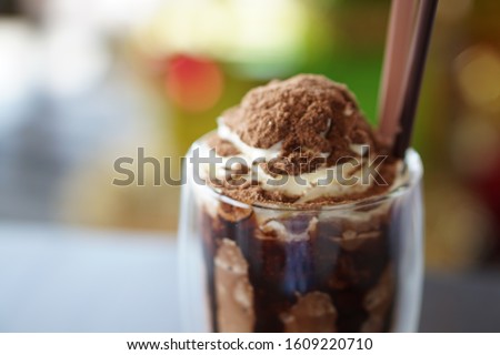 Ovaltine frappe Mocha volcano with bokeh background,Holiday meu in Thailand