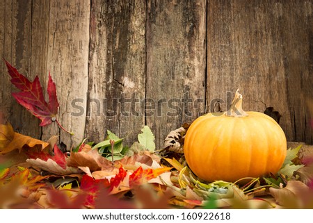 pumpkins and autumn leaves on wooden background  