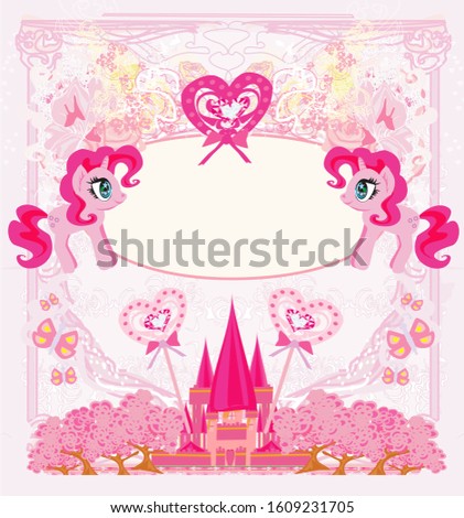 Fairytale frame with magic castle and unicorns 