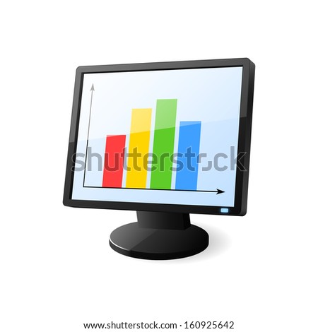 Desktop computer with diagram on screen. Vector illustration.