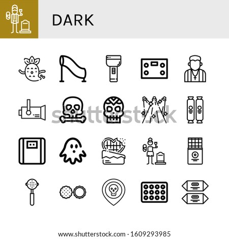 dark icon set. Collection of Widower, Ghost, Tunnel, Flashlight, Bathroom scale, Pastor, Spotlight, Skull, Spotlights, Chocolate, Haunted house, Widow, Chocolate bar, Portafilter icons