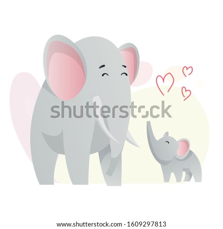 Two elephant look at each other. Animals mom and baby. Cartoons cute animals in flat style. Print for clothes. Vector illustration