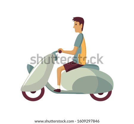 Vector modern creative flat design illustration featuring young man commuting on retro scooter. Man riding classic looking moped, side view