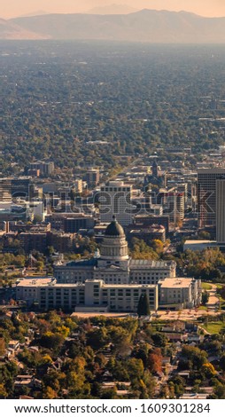 Vertical frame Panorama aerial view of Salt Lake City, Utah