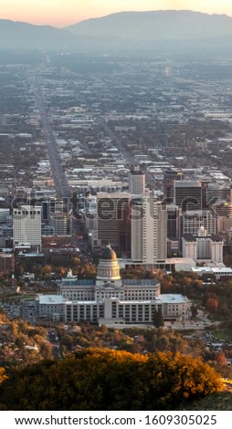 Vertical Aerial panoramic view of Salt Lake City Utah USA